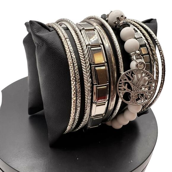 Eclectic Bracelet Lot 13 Pc Set Silver Tone Bangles Cuffs Beaded Stacked Jewelry - Picture 1 of 7